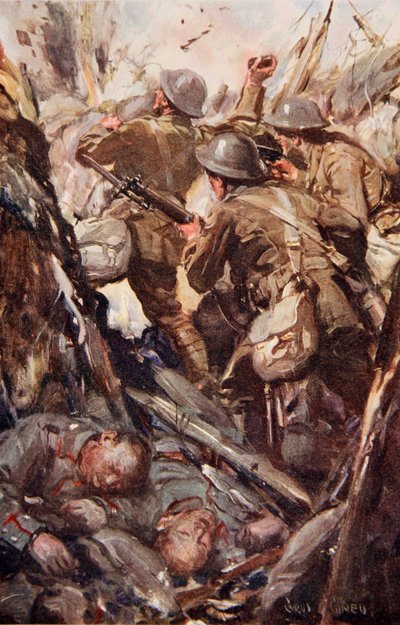 “他们轰炸并沿着敌人的战壕向前冲去”，插图来自“小屋中的故事：基督教青年会礼品书”，1916年出版 作者 赛勒斯·库尼奥