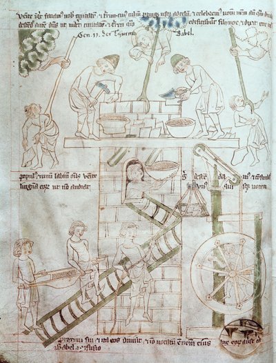 女士23 C 124 fol.3巴别塔的建造，来自Velislav Bible，c.1340 作者 捷克学派