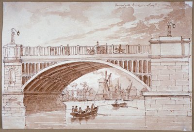 一艘小船从沃克斯豪尔桥下经过的景象，伦敦，1820年。                         作者 DHC