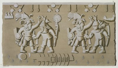古代阿兹台克战士的浮雕，来自Tizoc的石头，纪念一个由头部控制他的俘虏的统治者 作者 DK博纳蒂