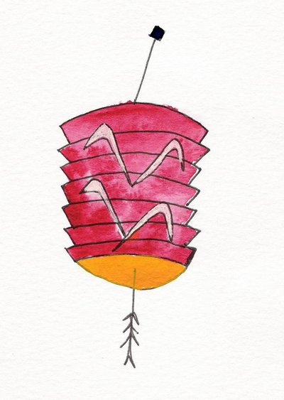 中国灯笼，2107 年（红、黄、白、黑印度墨水，纸本） 作者 黛西·德维伦纽夫