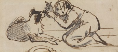 一个孩子在和狗玩耍（铅笔、钢笔和棕色墨水在纸上） 作者 丹尼尔·麦克利斯