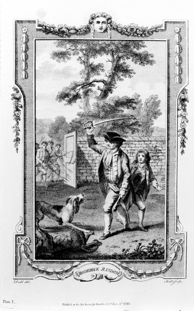 Roderick Random的叔叔被狗袭击，来自Tobias Smollett的&39;Roderick Random&39;的插图，由James Heath雕刻，1780年 作者 丹尼尔·多德（Daniel Dodd）