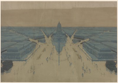 拟议中的市政中心广场和建筑景观，1909 年芝加哥规划图 作者 丹尼尔·哈德森·伯纳姆