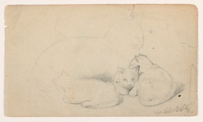 素描，《猫和三只小猫》；背面：阿拉伯男子坐着接人，可能出自大卫-罗伯茨之手，1844 年 作者 丹尼尔·亨廷顿