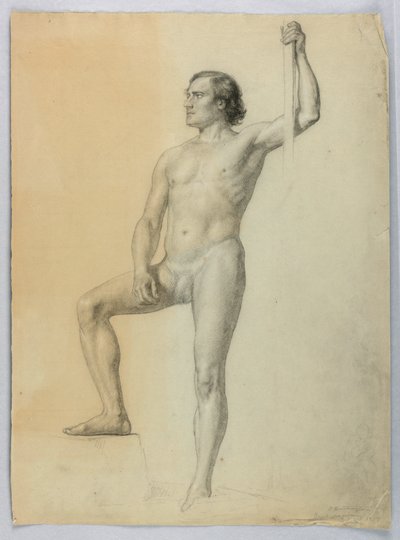 素描，单脚踏在台阶上的男性裸体，1858 年 作者 丹尼尔·亨廷顿