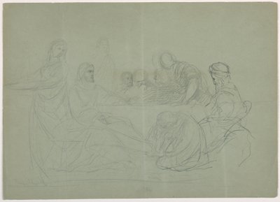 素描，马利亚为基督洗脚，桌旁坐着几个人；背面：注释，1852 年 作者 丹尼尔·亨廷顿