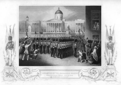1854年，伦敦特拉法加广场（Trafalgar Square）的手榴弹卫队（Grenadier Guards）出发。 作者 丹尼尔·约翰·庞德