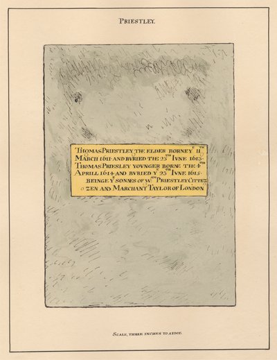 霍恩西教堂的黄铜板铭文老托马斯·普里斯特利和小托马斯·普里斯特利 作者 丹尼尔·莱森斯