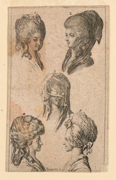 柏林妇女佩戴的五个头饰，"Königl: Grosbrit [anische] Genealogischer Kalender auf das 1782 Jahr Lauenberg bey J.G. Berenberg "插图。 作者 丹尼尔·尼古拉斯·肖多维奇