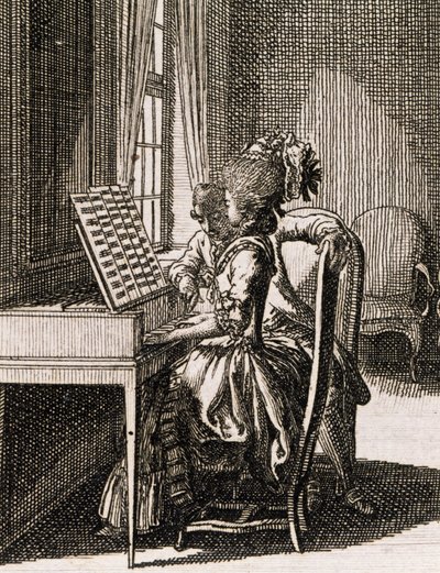 音乐，演奏竖琴的女人，丹尼尔·尼古拉斯·霍多维茨基（Daniel Nikolaus Chodowiecki，1726-1801 年）创作，来自德国、波兰的 Occupations des dames 作者 丹尼尔·尼古拉斯·肖多维奇