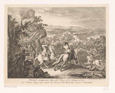 Overwinning van generaal Roemjantsev tijdens de Slag bij Cahul, 1770
1770 年 8 月 1 日，俄罗斯军队在罗曼佐夫伯爵元帅的指挥下战胜土耳其人（标题见实物） 作者 丹尼尔·尼古拉斯·肖多维奇