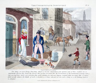 The Unfortunate Discovery，来自“高级生活中的时尚钻孔或冷却器”的插图，由Peter Quiz，酒吧。 Thomas McLean，1824年伦敦（手工彩色雕刻） 作者 丹尼尔·托马斯·埃格顿
