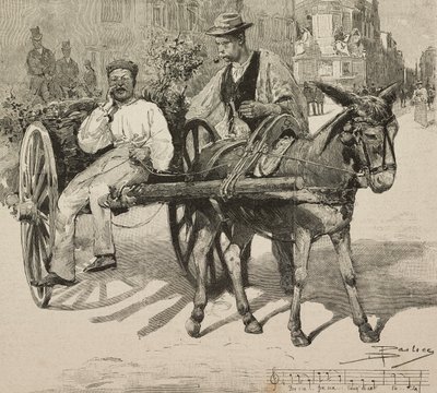 水贩 (acquarolo)，在意大利罗马街头出售 Acetosa 喷泉的水，由但丁·保洛奇 (Dante Paolocci) 绘制后雕刻，来自《意大利插画》，XX 年，第 28 期，7 月 9 日 作者 但丁保洛奇