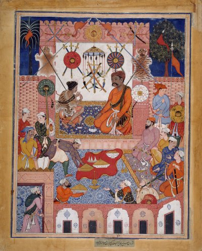 杂货商Misbah将间谍Parran带到他家，对开本来自Hamzanama...，约1570。 作者 达萨万塔。