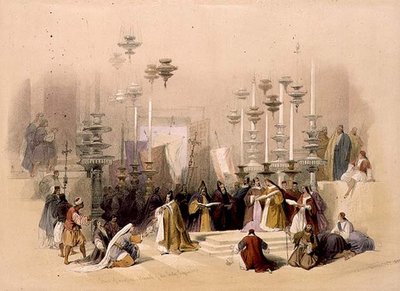圣墓教堂的施洗石，1839年3月30日，板块19来自《圣地》第一卷，由Louis Haghe（1806-85）雕刻出版。1842年（石印） 作者 大卫（后）罗伯茨