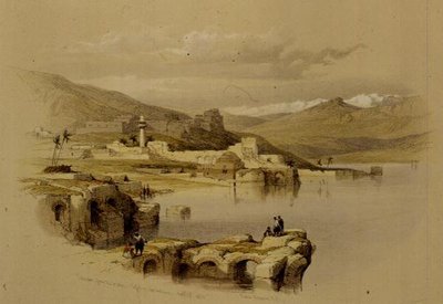 从城墙上看太巴列，远处的萨菲特，1839年4月22日，板块37来自《圣地》第一卷，由路易斯-哈格（1806-85）雕刻，出版。1842年（石印 作者 大卫（后）罗伯茨