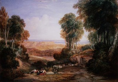 塞文河和怀伊河的交汇处，远处是切普斯托夫城堡（纸上水彩画） 作者 大卫·考克斯