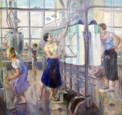Le plan quinquennal - 塞夫卡贝尔工厂的妇女作坊，由大卫·埃菲莫维奇 (David Efimovich)（1890-1942 年）扎戈斯金 (Zagoskin) 设计。 布面油画，尺寸：200x215 作者 大卫·叶菲莫维奇·扎戈斯金