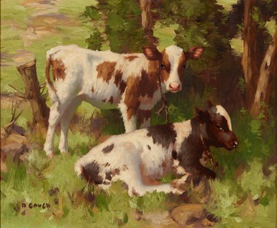 夏日风景中的小牛（布面油画） 作者 大卫·高尔德