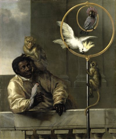 黑人与鹦鹉和猴子，1670年 作者 David Klöcker Ehrenstrahl