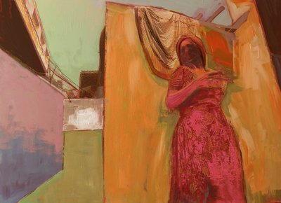 穿粉红色衣服的女人，2016年，木板上的混合媒体 作者 大卫·麦康诺奇