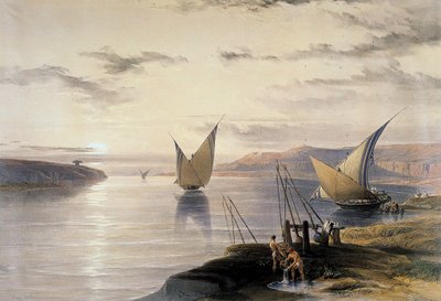 大卫-罗伯茨（1796-1864 年），英国（苏格兰）艺术家。尼罗河上的船 "水彩画。右下方，用鲥鱼提水。伦敦维多利亚与艾尔伯特博物馆 作者 大卫·罗伯茨