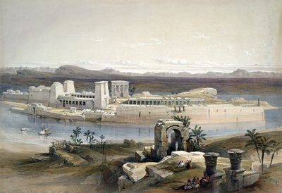 努比亚菲莱岛全貌》，1838 年 11 月。采用大卫-罗伯茨（1796-1864 年）的水彩画。神庙 古埃及 考古学 宗教 神话 废墟 作者 大卫·罗伯茨