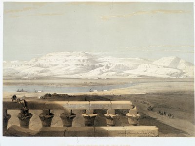 利比亚的山，从埃及的卢克索神庙看到。 1838 年在“圣地”，伦敦 1849 年绘制 作者 大卫·罗伯茨