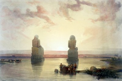 洪水期间的底比斯孟农雕像》，水彩画。大卫-罗伯茨（1796-1864 年），苏格兰艺术家和东方学家。埃及国王谷附近的巨像，由阿蒙霍特普二世（约公元前 1411-1375 年）建造。 作者 大卫·罗伯茨