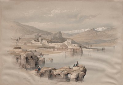 太巴列，从城墙上看，远处是萨菲特，1839年。 作者 大卫·罗伯茨