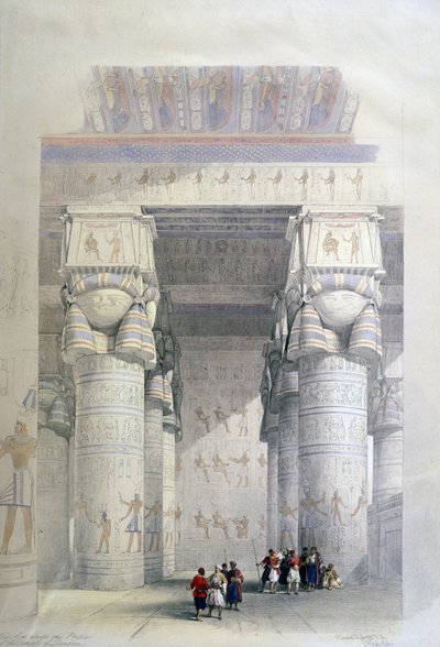 丹德拉神庙门廊下的景色"，约 1839 年。1856 年根据大卫-罗伯茨（1796-1864 年）绘制的石版画。 作者 大卫·罗伯茨