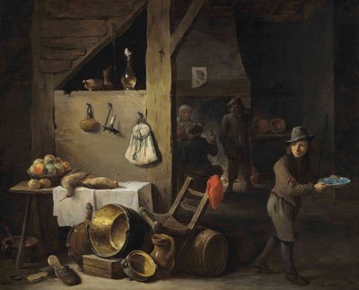 厨房内部，一个小男孩和三个人在喝酒抽烟 作者 大卫·特尼尔斯（David Teniers）