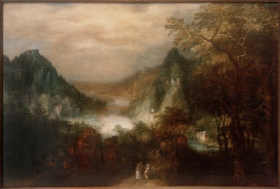 山区河流景观与优雅的人物 作者 戴维·温克伯恩斯（David Vinckeboons）