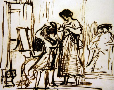 室内有一个女人在梳妆（纸上水墨）。 作者 大卫威尔基