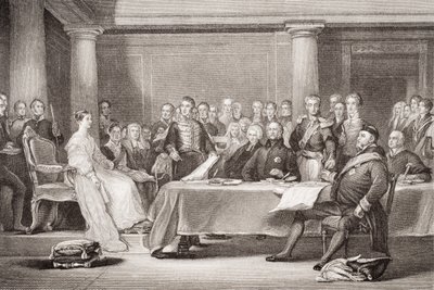 维多利亚女王的第一个议会，肯辛顿宫，1837年6月21日，来自“英国和苏格兰历史插图”第二卷 作者 大卫威尔基