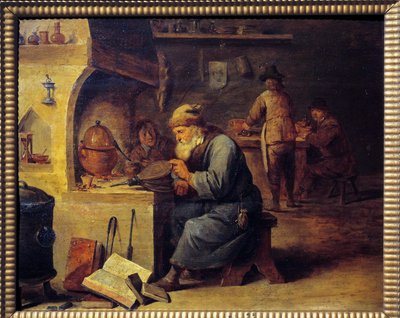 炼金术士。 David Teniers II 的绘画说 David Le Jeune (1610 - 1690), Ec。 火焰 作者 大卫·特尼尔斯（David Teniers）