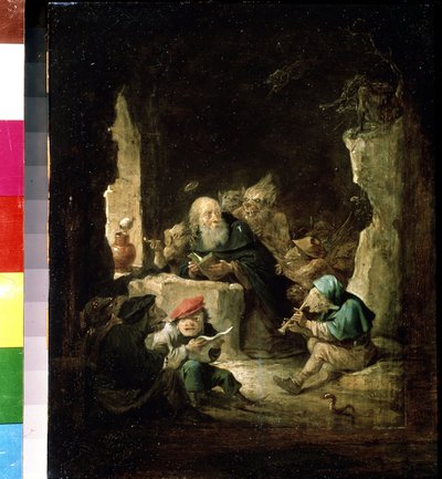 圣安东尼的诱惑。小大卫-特尼尔（1610-1690 年）的作品。木板油画，24.6 x 20.3 厘米，约 1640 年。 佛兰德艺术，巴洛克艺术。莫斯科普希金美术博物馆。 作者 大卫·特尼尔斯（David Teniers）