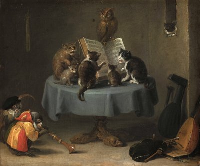 猫的音乐会》par Teniers，年轻的大卫（1610-1690 年）。木板油画，尺寸：26x31.5 作者 大卫·特尼尔斯（David Teniers）