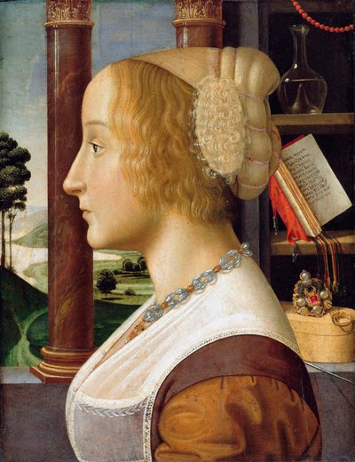 "" 一个年轻女人的侧面肖像 "（一个年轻女人的侧面肖像） Davide Ghirlandaio (1452-1525) 绘画，大约 1490 年昏暗 44.6x34.3 - Staatliche Museen，柏林 作者 大卫·吉兰达欧（Davide Ghirlandaio）