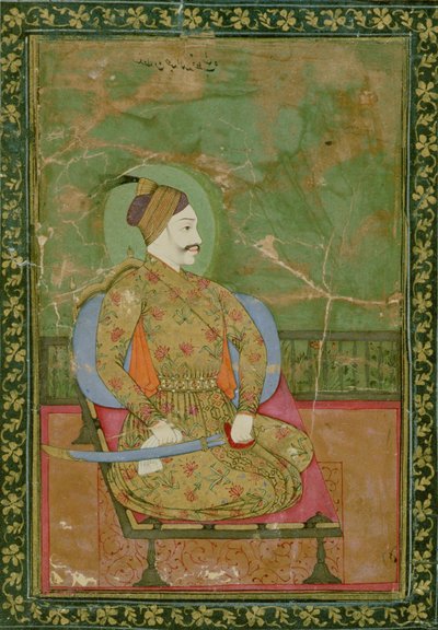 58.2025A Sultan Abdullah的画像Qutb Shah坐着，1670年，Golconda，（纸上带有金色和花卉金色图案边框的水粉） 作者 德卡尼学校
