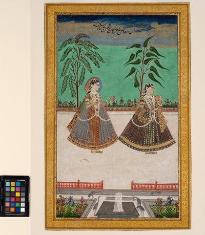 Golconda 的 Tana Shah 后宫的两名女性，约 1800 年（纸上不透明水彩和金色，装在专辑页面上） 作者 德卡尼学校