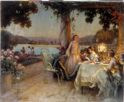 晚上在露台上。 Delphin Enjolras（1857-1945）的绘画，必须提及：收藏基金会关注普罗旺斯。 马赛 (cm 57x73) DR 作者 Delphin Enjolras