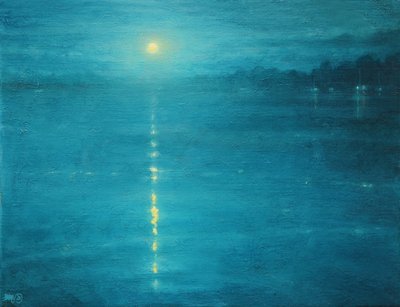 运河上的月出、2020 年（布面油画） 作者 德里克·哈尔