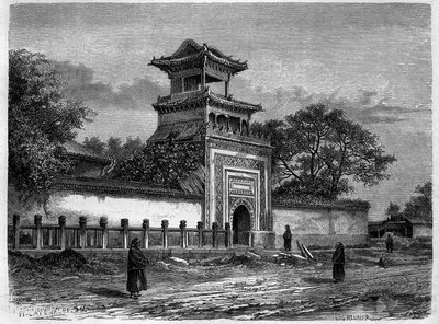 19世纪70年代在北京的清真寺。根据德鲁伊的画作雕刻，载于 "Le Tour du Monde, Nouveau journal des Voyages"，由Edouard Charton编著，巴黎。 作者 Deroy（之后）