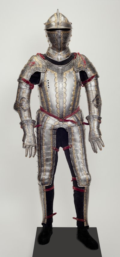 野战盔甲，来自于一件装饰品，可能是为Ludwig Ungnad von Weissenwolf auf Sunegg制作的，约1552年（钢制，有压花、蚀刻、发黑和镀金的装饰，有现代黄铜、天鹅绒、皮革和钢）。 作者 德西迪乌斯·赫尔姆施密德（Desiderius Helmschmid）