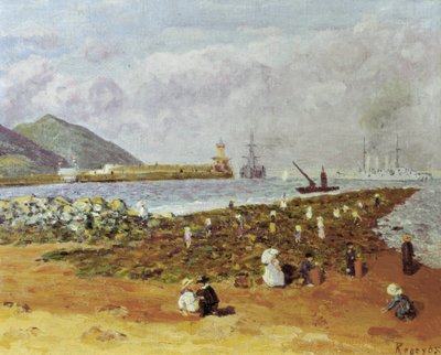 La escollera（断路器或防波堤）。 Dario de Regoyos (1875-1913) 的绘画。 布面油画。 西班牙印象派。 位于巴塞罗那的蒙特塞拉特 Monistrol 博物馆。 作者 Diario或Dario de Regoyos y Valdes