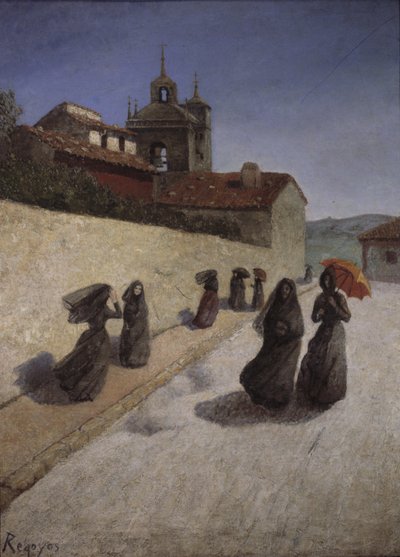 教堂旁的散步，19 世纪（布面油画） 作者 Diario或Dario de Regoyos y Valdes