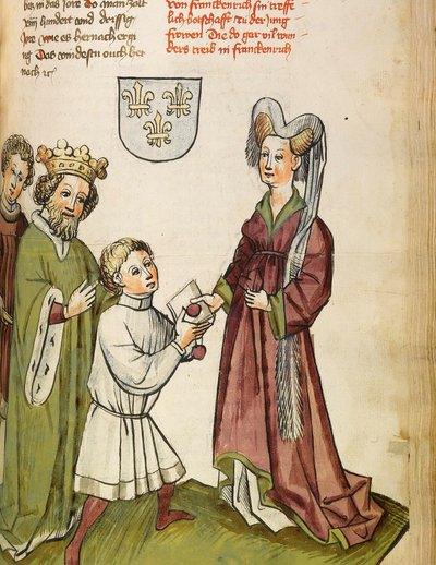 百年战争 (1337-1453)：神圣罗马帝国的西吉斯蒙德一世 (1368-1437) 会见圣女贞德 (1412-1431) - 圣女贞德之前的西吉斯蒙德皇帝 - 来自迪堡劳伯工作室的微型模型（1427 年之前 - 之后）第1471章）摘自“” 作者 Diebold（车间）劳伯