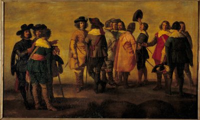 13 个字符的对话或会面 迭戈·贝拉斯克斯（Diego Velasquez）（1599-1660）17 世纪太阳随行人员的绘画。 0,47x0,77 米 作者 迭戈·罗德里格斯·席尔瓦（Velazquez）（之后）